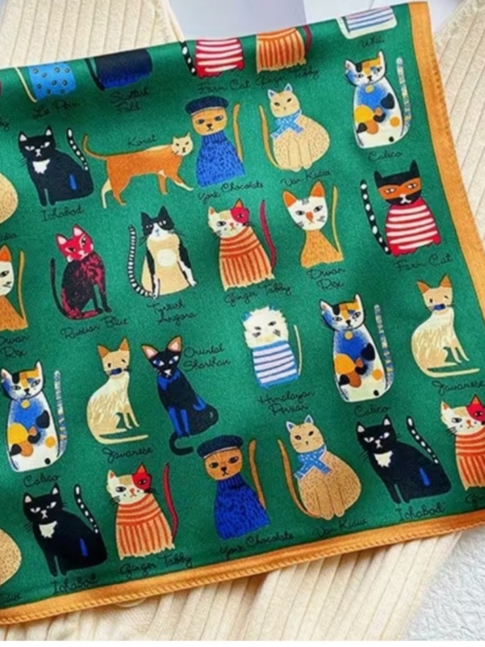 Colorful Cat Print Silky Scarf polyester approximately 27” x 27”